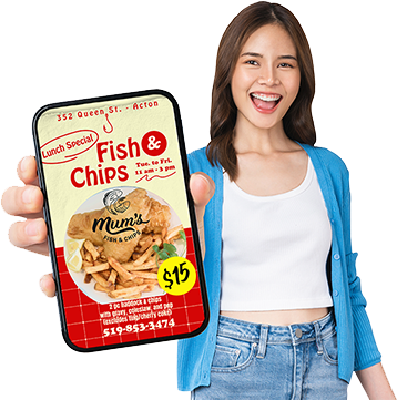 imager of young girl showing a mobile phone fish and chip ad