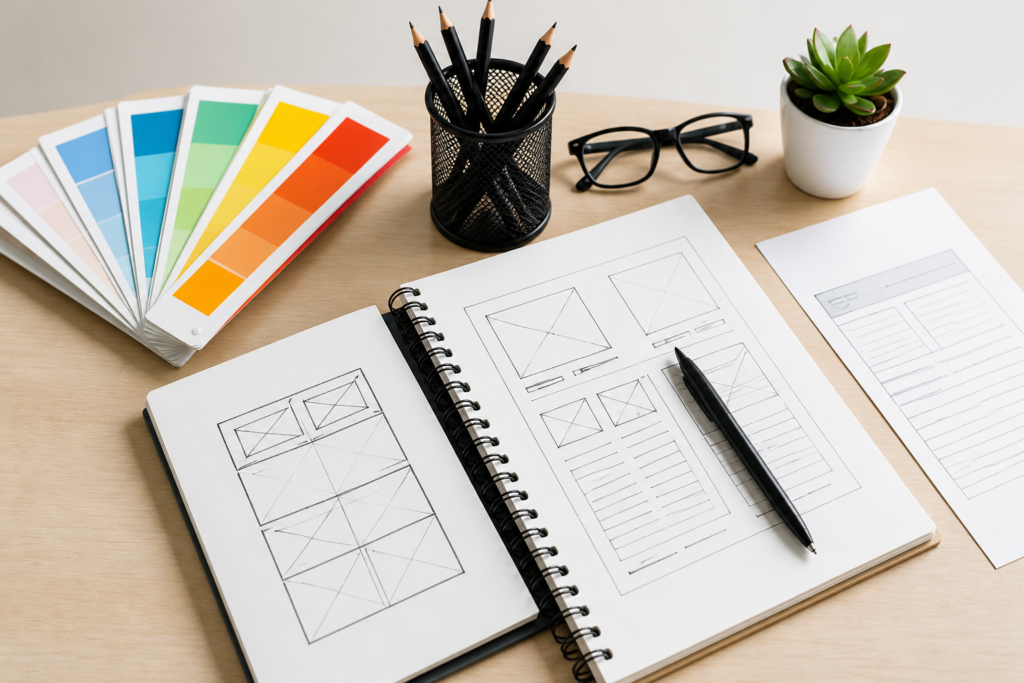 Desk with colour pallettes and pencil with paper grid.